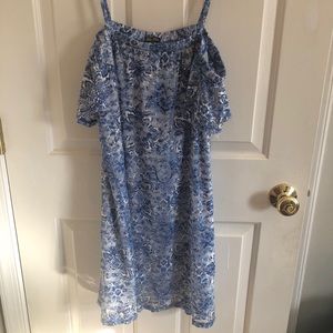 Blue flower lace over white shift dress